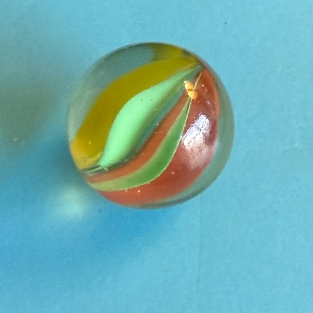 Vintage Clear Base Ribbon Swirl Glass Marble Red Yellow Green Shooter